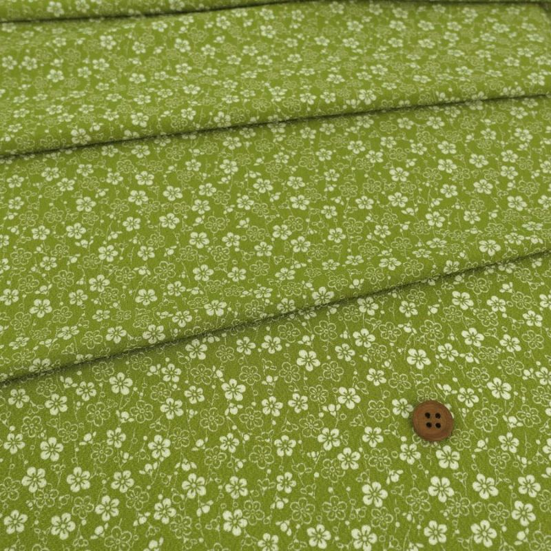 ポリちりめん生地 流れ梅(グリーン) 10cm単位 切り売り