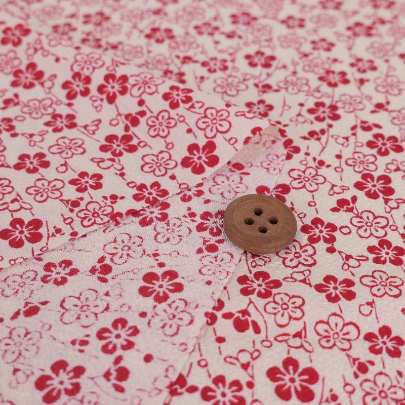 ポリちりめん生地 流れ梅(アイボリー/赤) 10cm単位 切り売り