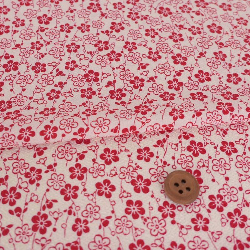 ポリちりめん生地 流れ梅(アイボリー/赤) 10cm単位 切り売り