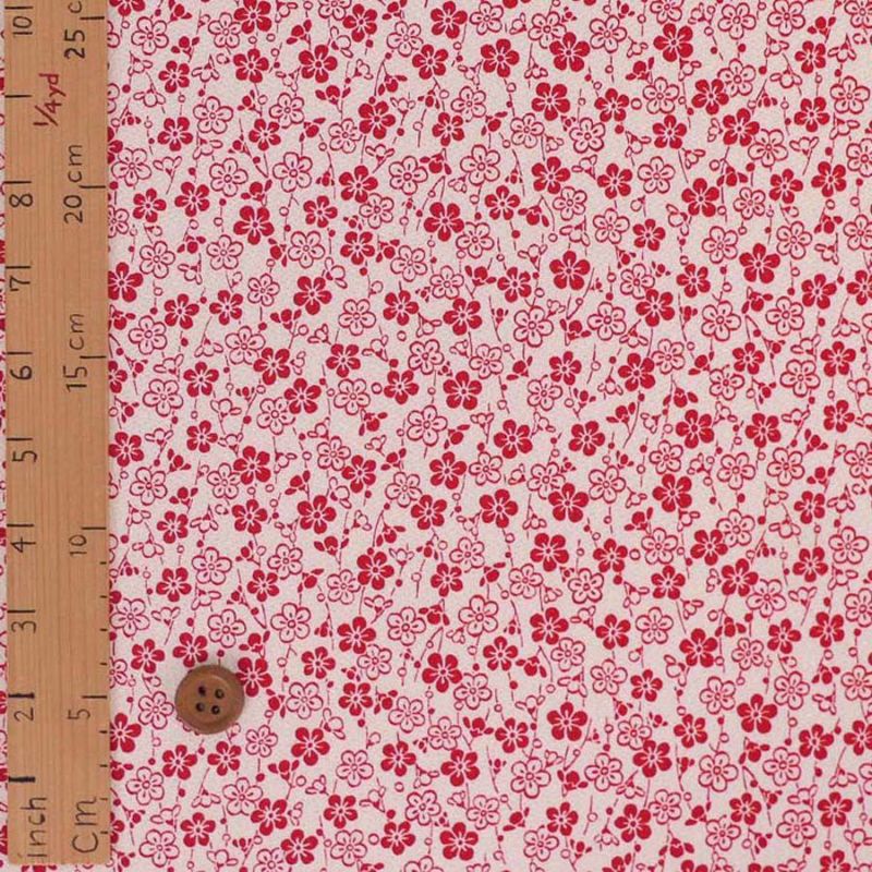 ポリちりめん生地 流れ梅(アイボリー/赤) 10cm単位 切り売り