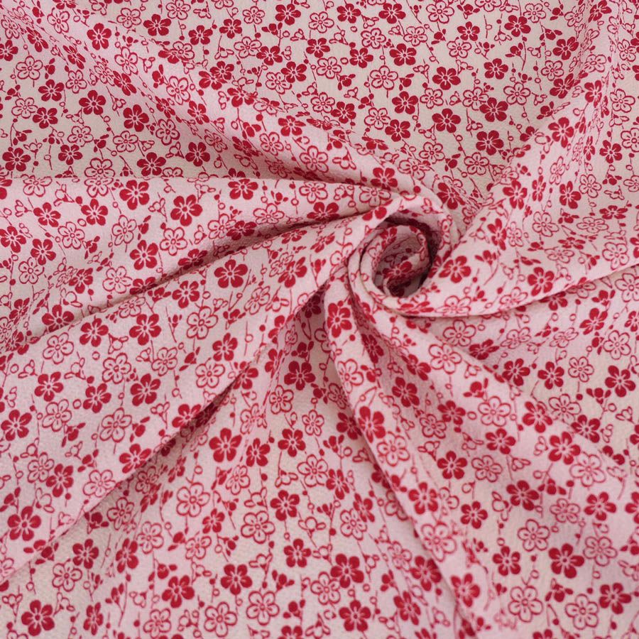 ポリちりめん生地 流れ梅(アイボリー/赤) 10cm単位 切り売り