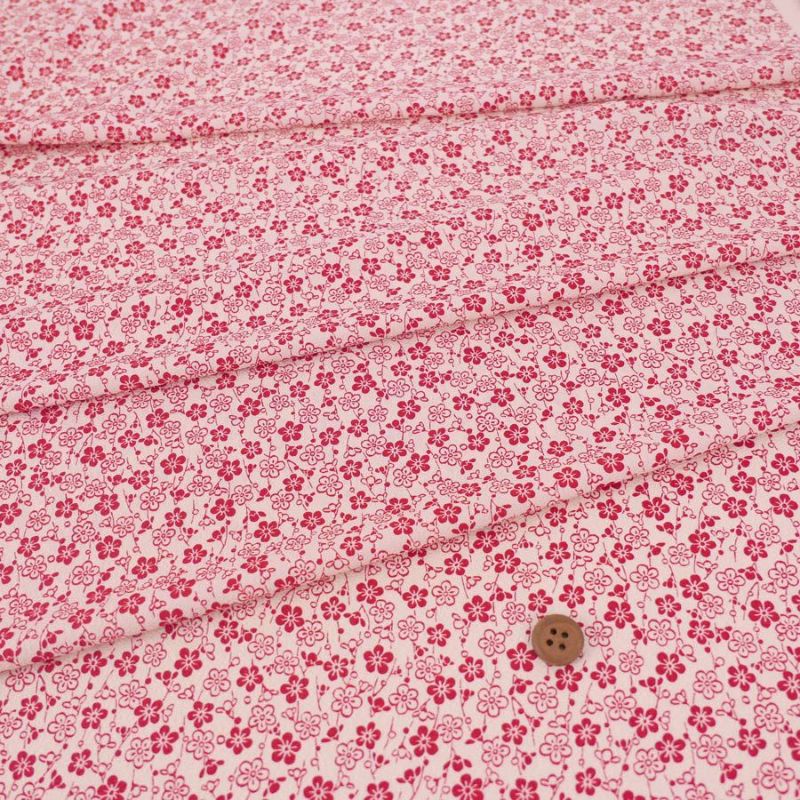 ポリちりめん生地 流れ梅(アイボリー/赤) 10cm単位 切り売り