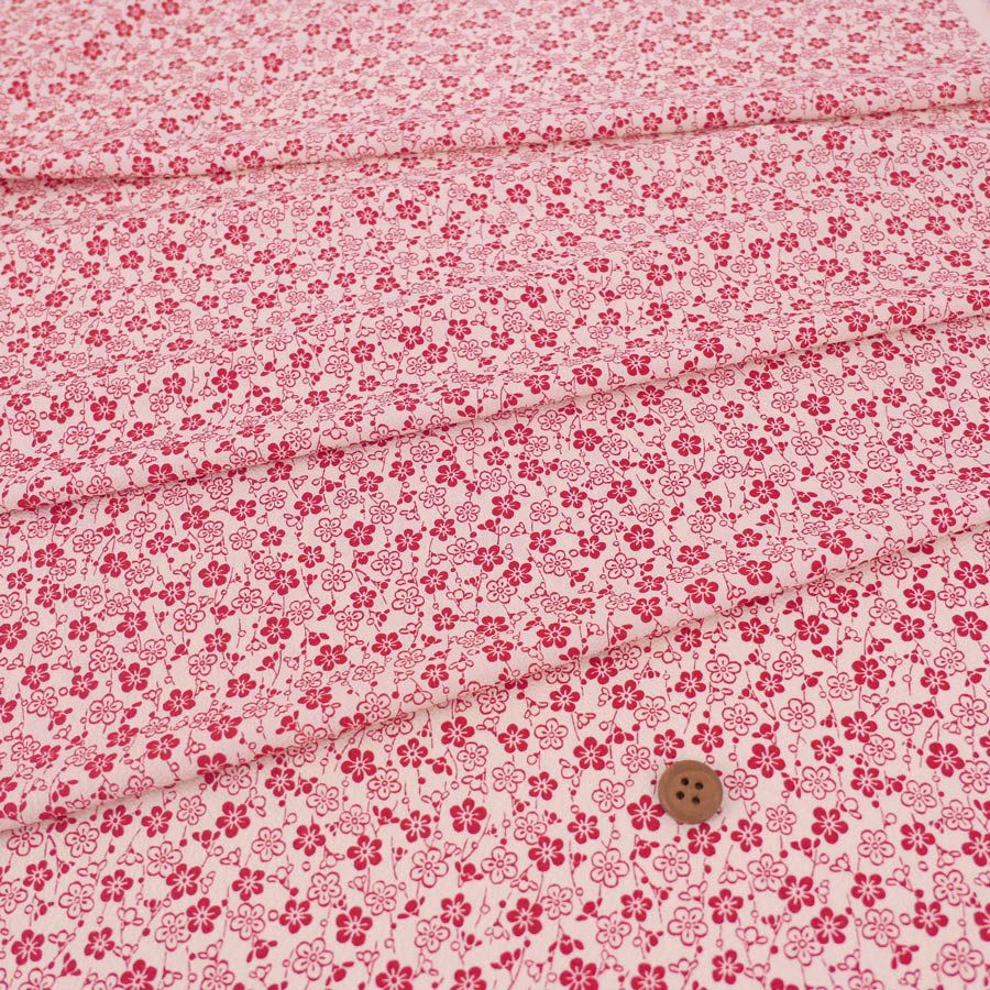 ポリちりめん生地 流れ梅(アイボリー/赤) 10cm単位 切り売り