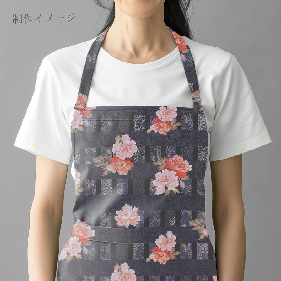 和柄コットン生地 変わり格子に牡丹(グレー) 10cm単位 切り売り