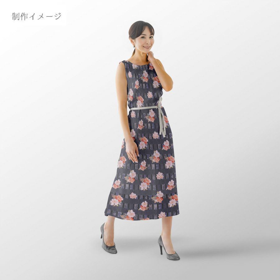 和柄コットン生地 変わり格子に牡丹(グレー) 10cm単位 切り売り