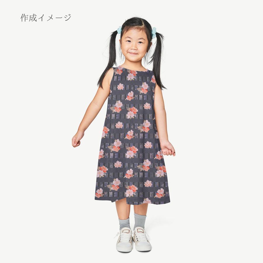 和柄コットン生地 変わり格子に牡丹(グレー) 10cm単位 切り売り