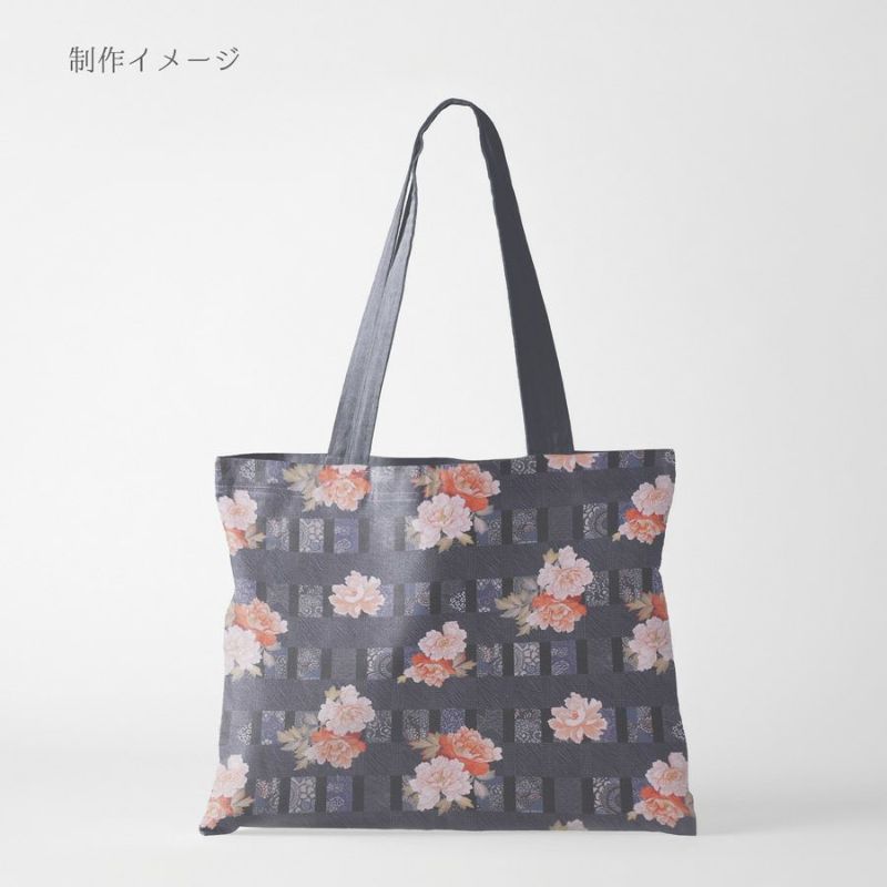 和柄コットン生地 変わり格子に牡丹(グレー) 10cm単位 切り売り