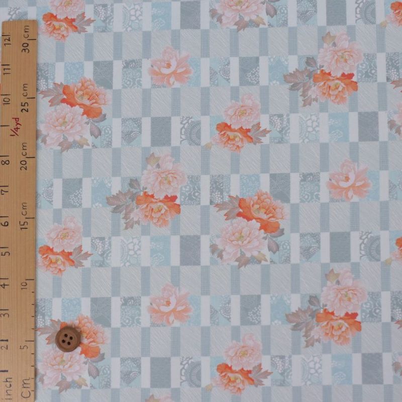 和柄コットン生地 変わり格子に牡丹(ライトブルー) 10cm単位 切り売り