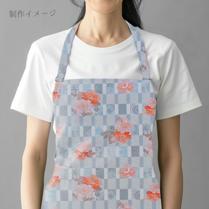 和柄コットン生地 変わり格子に牡丹(ライトブルー) 10cm単位 切り売り