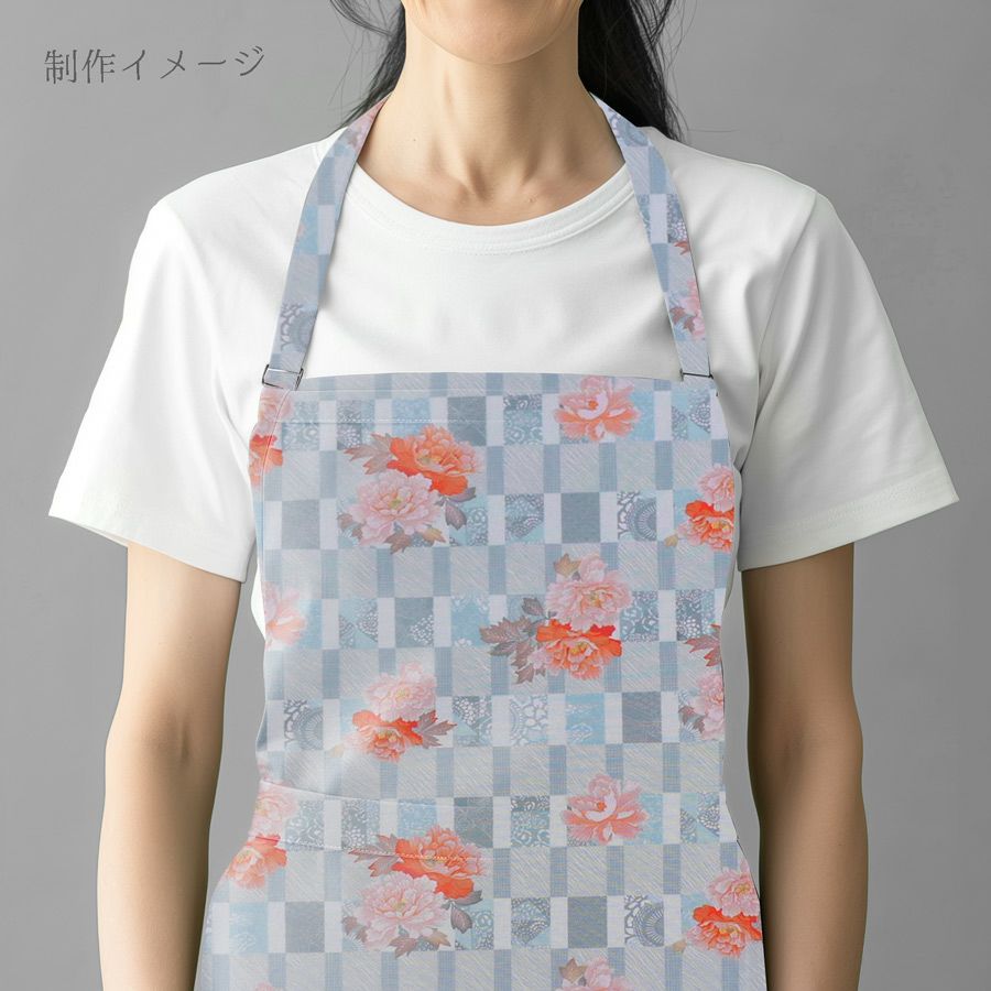 和柄コットン生地 変わり格子に牡丹(ライトブルー) 10cm単位 切り売り