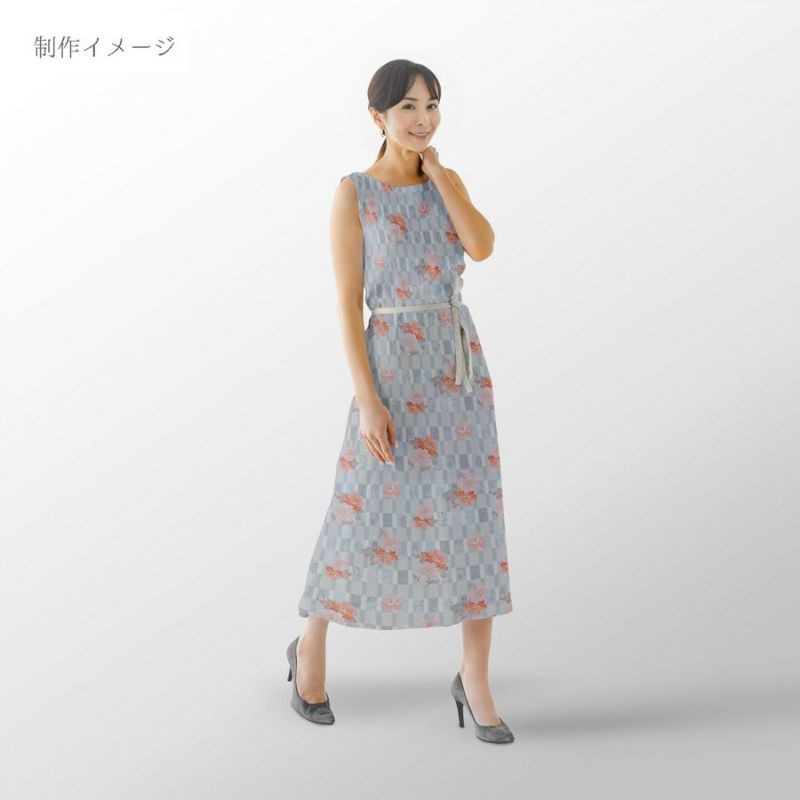 和柄コットン生地 変わり格子に牡丹(ライトブルー) 10cm単位 切り売り