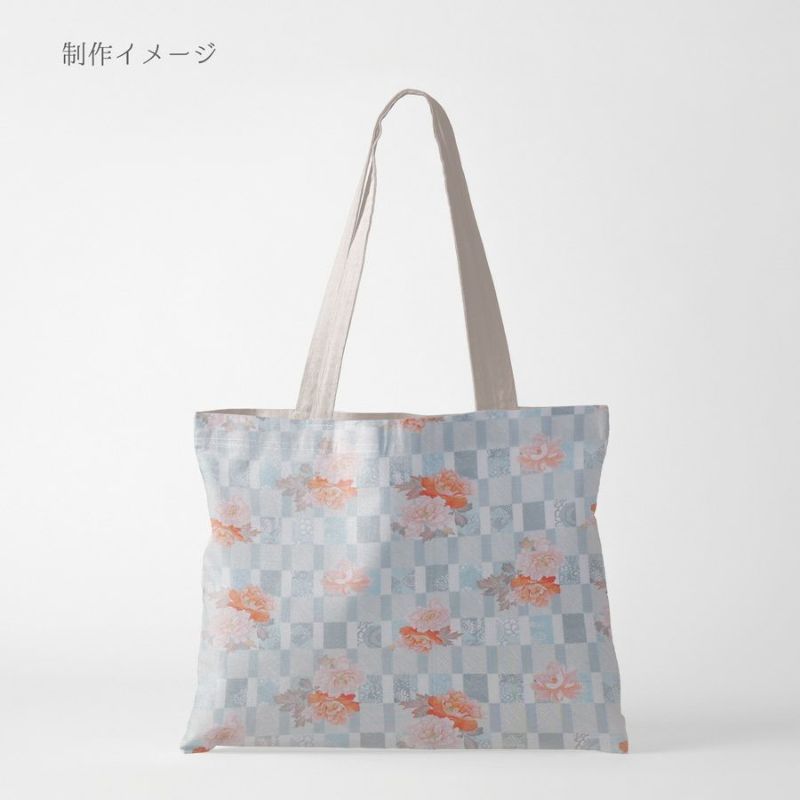 和柄コットン生地 変わり格子に牡丹(ライトブルー) 10cm単位 切り売り