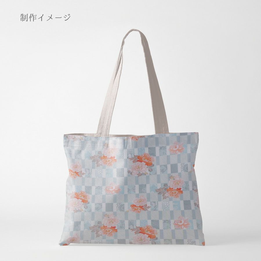 和柄コットン生地 変わり格子に牡丹(ライトブルー) 10cm単位 切り売り