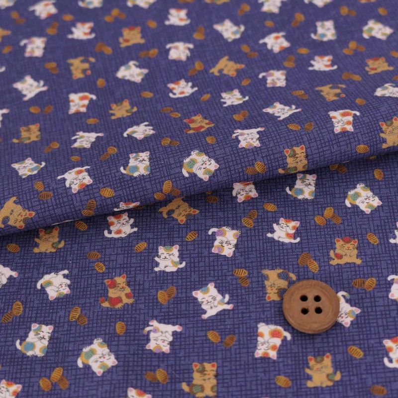 和柄コットン生地 招き猫に小判(青) 10cm単位 切り売り