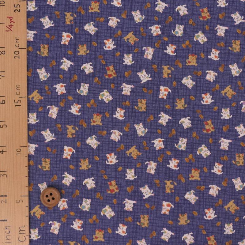 和柄コットン生地 招き猫に小判(青) 10cm単位 切り売り