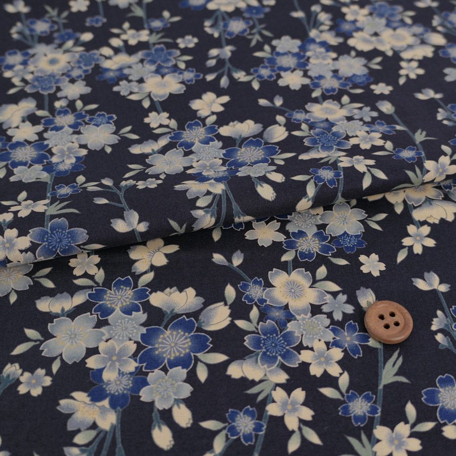 和柄コットン生地 藍染め調しだれ桜(藍) 10cm単位 切り売り