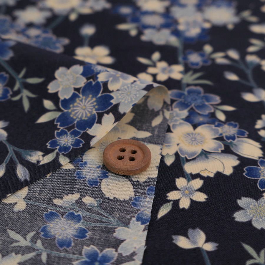 和柄コットン生地 藍染め調しだれ桜(藍) 10cm単位 切り売り