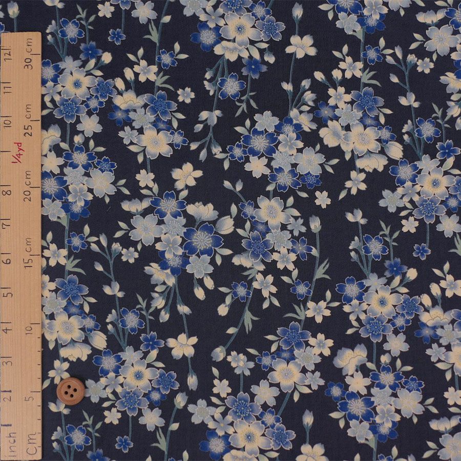 和柄コットン生地 藍染め調しだれ桜(藍) 10cm単位 切り売り