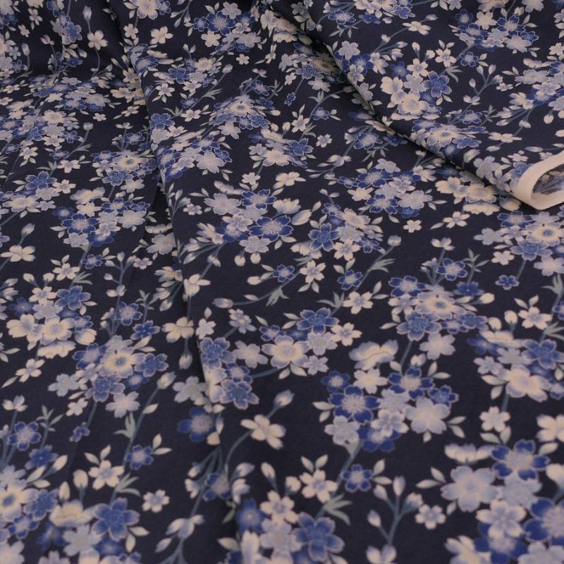 和柄コットン生地 藍染め調しだれ桜(藍) 10cm単位 切り売り