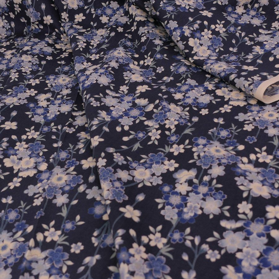 和柄コットン生地 藍染め調しだれ桜(藍) 10cm単位 切り売り