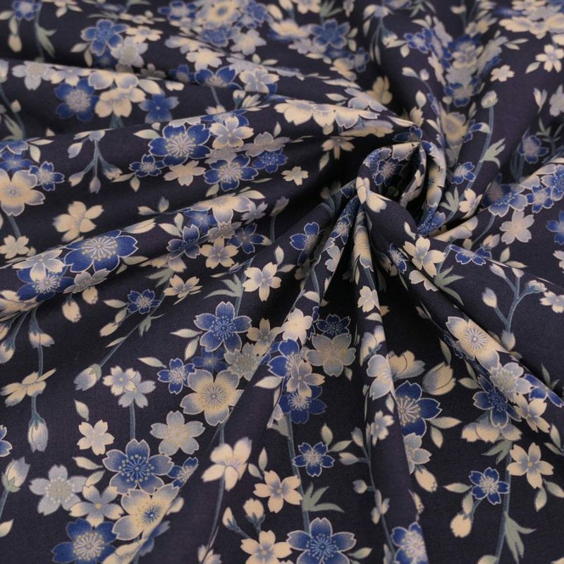 和柄コットン生地 藍染め調しだれ桜(藍) 10cm単位 切り売り