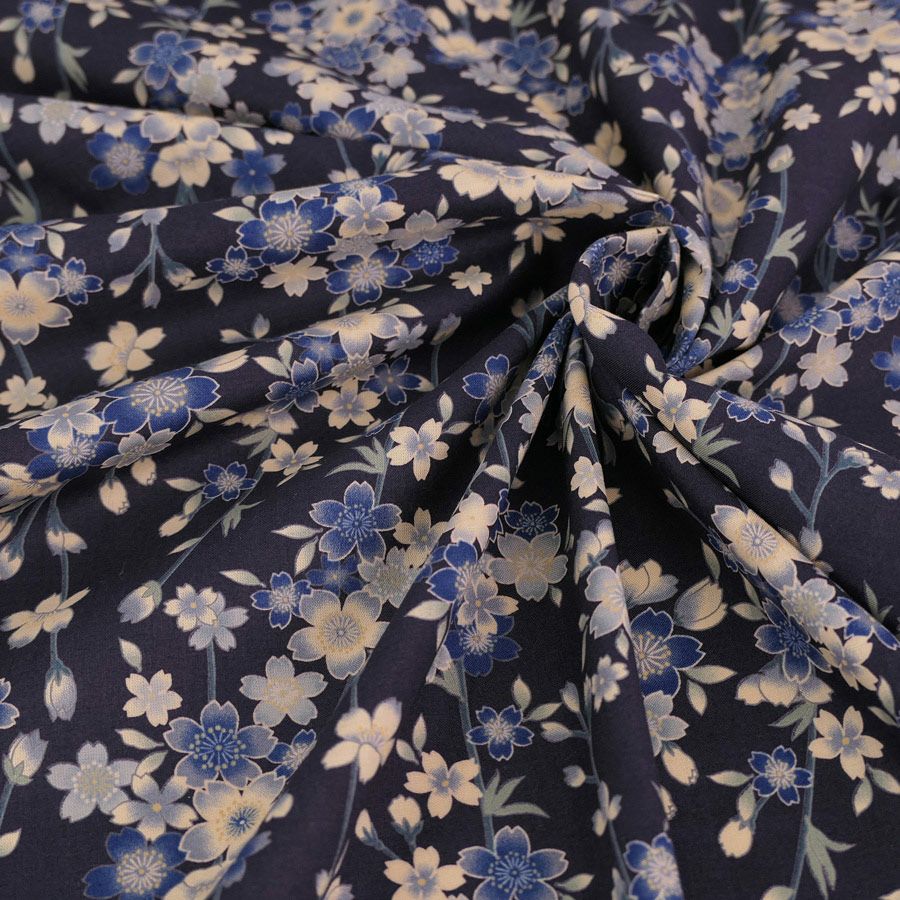 和柄コットン生地 藍染め調しだれ桜(藍) 10cm単位 切り売り