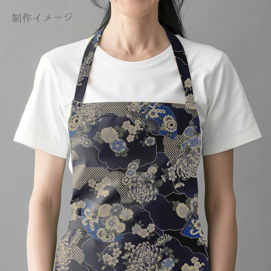  和柄コットン生地 藍染め調雲海に菊と扇(藍) 10cm単位 切り売り
