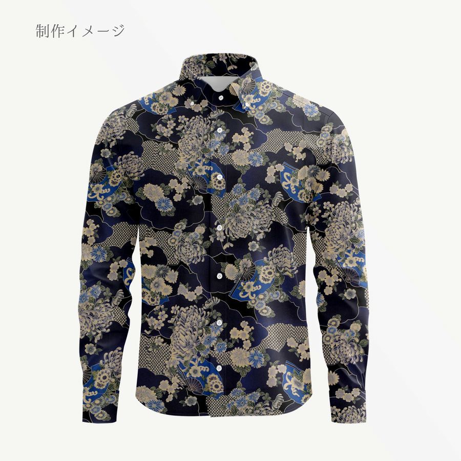  和柄コットン生地 藍染め調雲海に菊と扇(藍) 10cm単位 切り売り