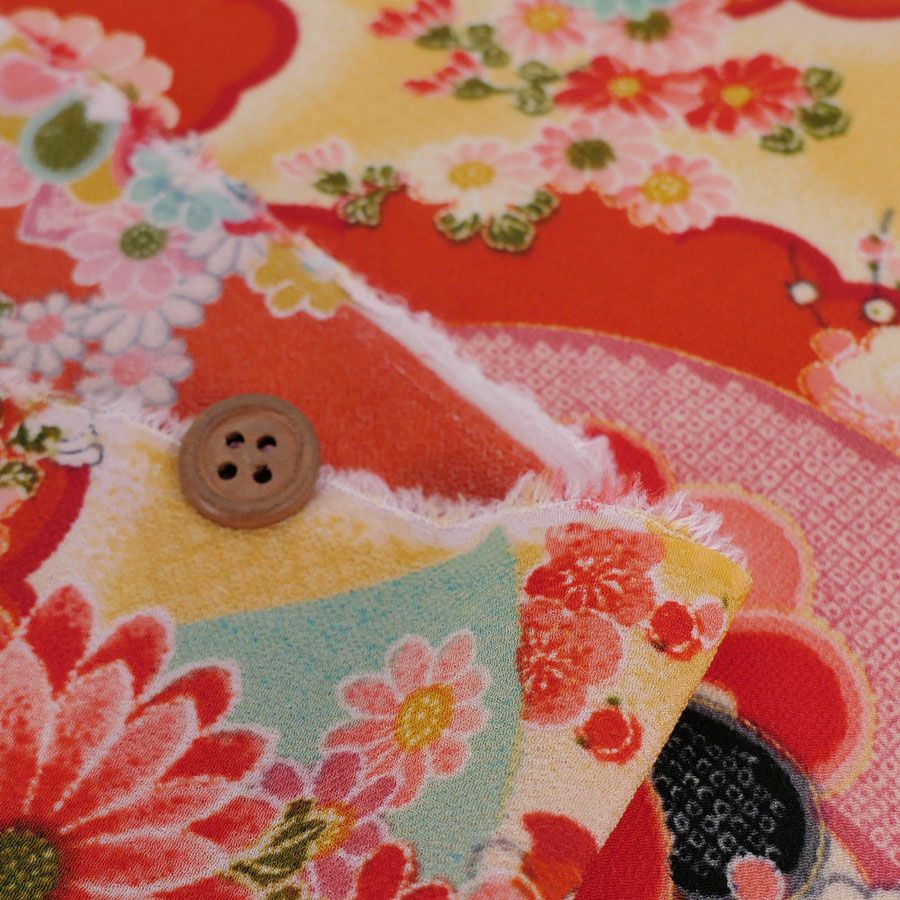 一越ちりめん生地 扇に菊と牡丹(柿色) 10cm単位 切り売り