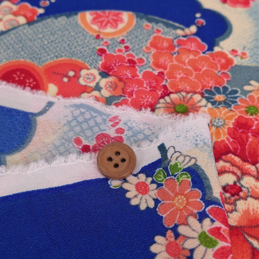 一越ちりめん生地 扇に菊と牡丹(青) 10cm単位 切り売り