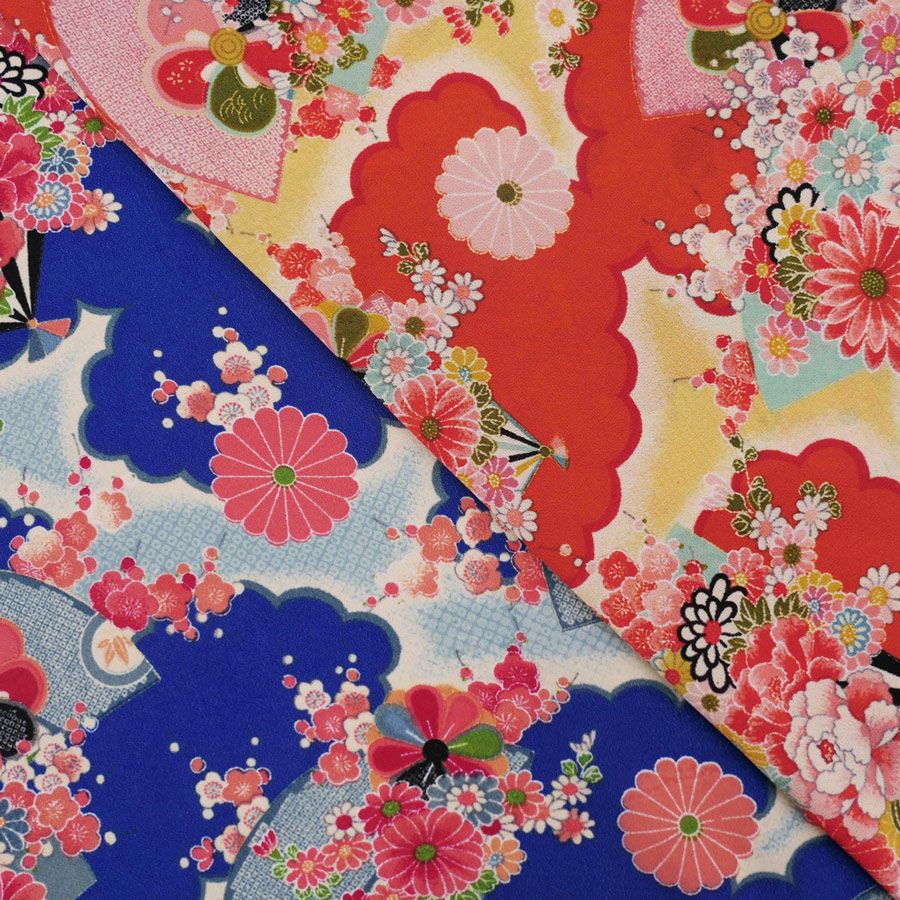 一越ちりめん生地 扇に菊と牡丹(青) 10cm単位 切り売り