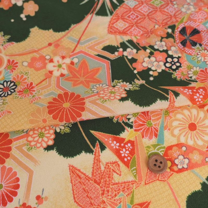 一越ちりめん生地 折鶴古典文様(ふかみどり/たまご色) 10cm単位 切り売り