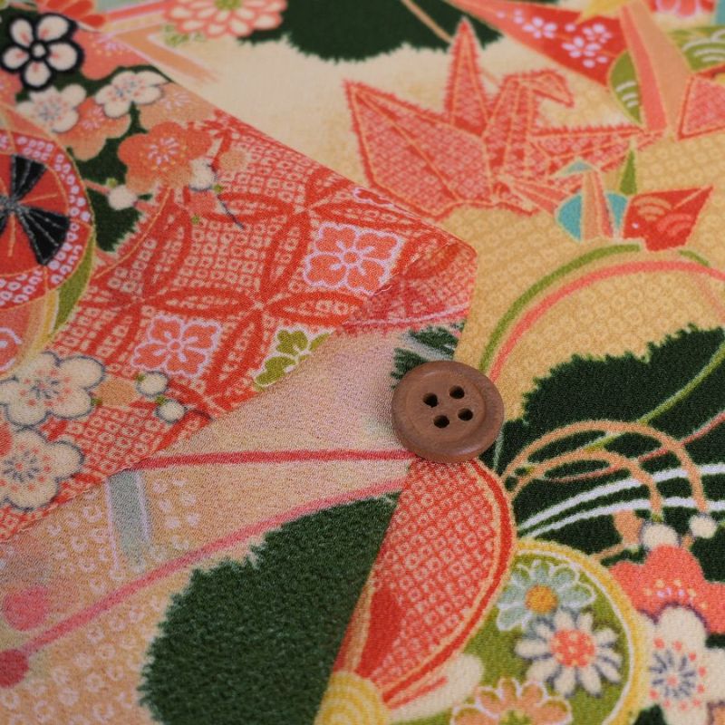 一越ちりめん生地 折鶴古典文様(ふかみどり/たまご色) 10cm単位 切り売り