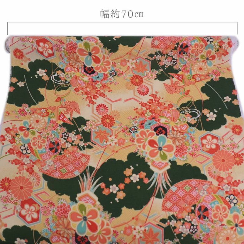一越ちりめん生地 折鶴古典文様(ふかみどり/たまご色) 10cm単位 切り売り