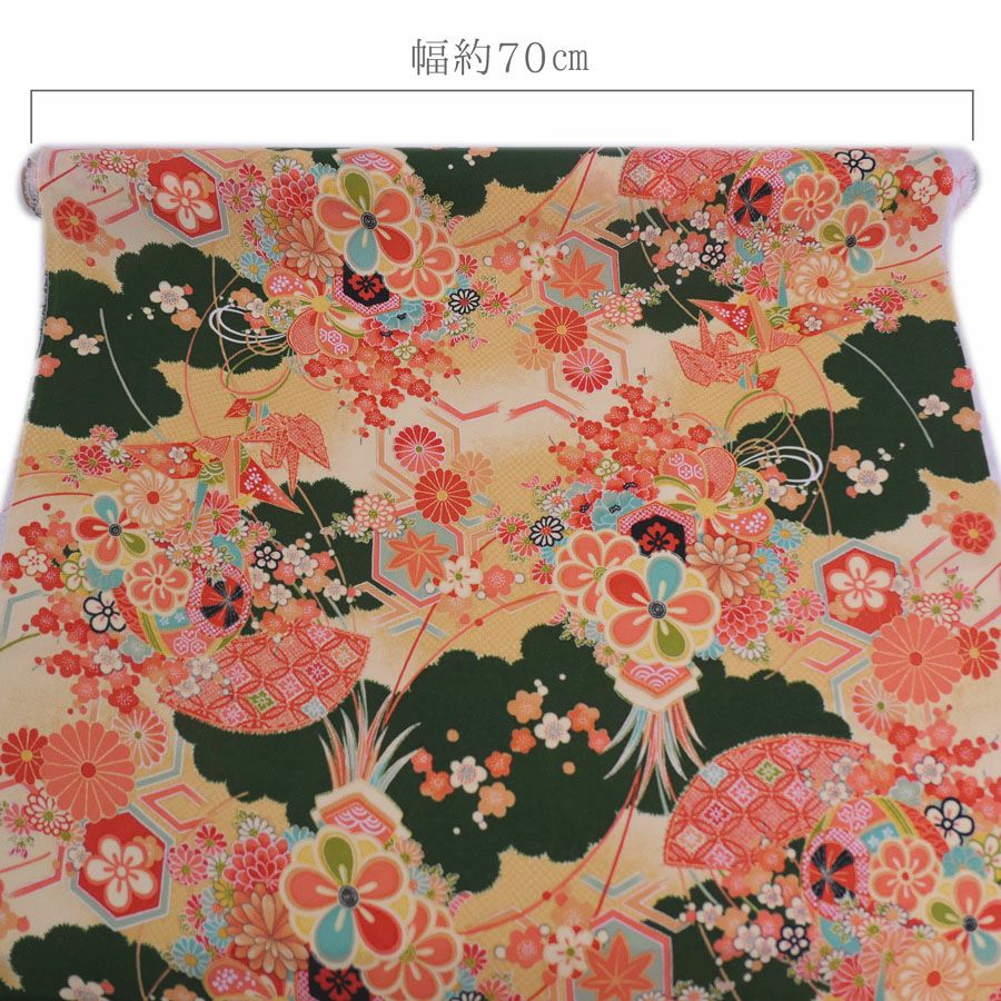 一越ちりめん生地 折鶴古典文様(ふかみどり/たまご色) 10cm単位 切り売り