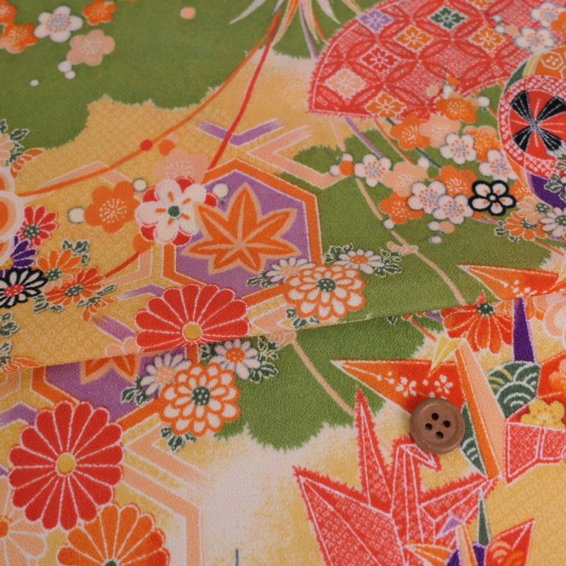 一越ちりめん生地 折鶴古典文様(きみどり/たまご色) 10cm単位 切り売り