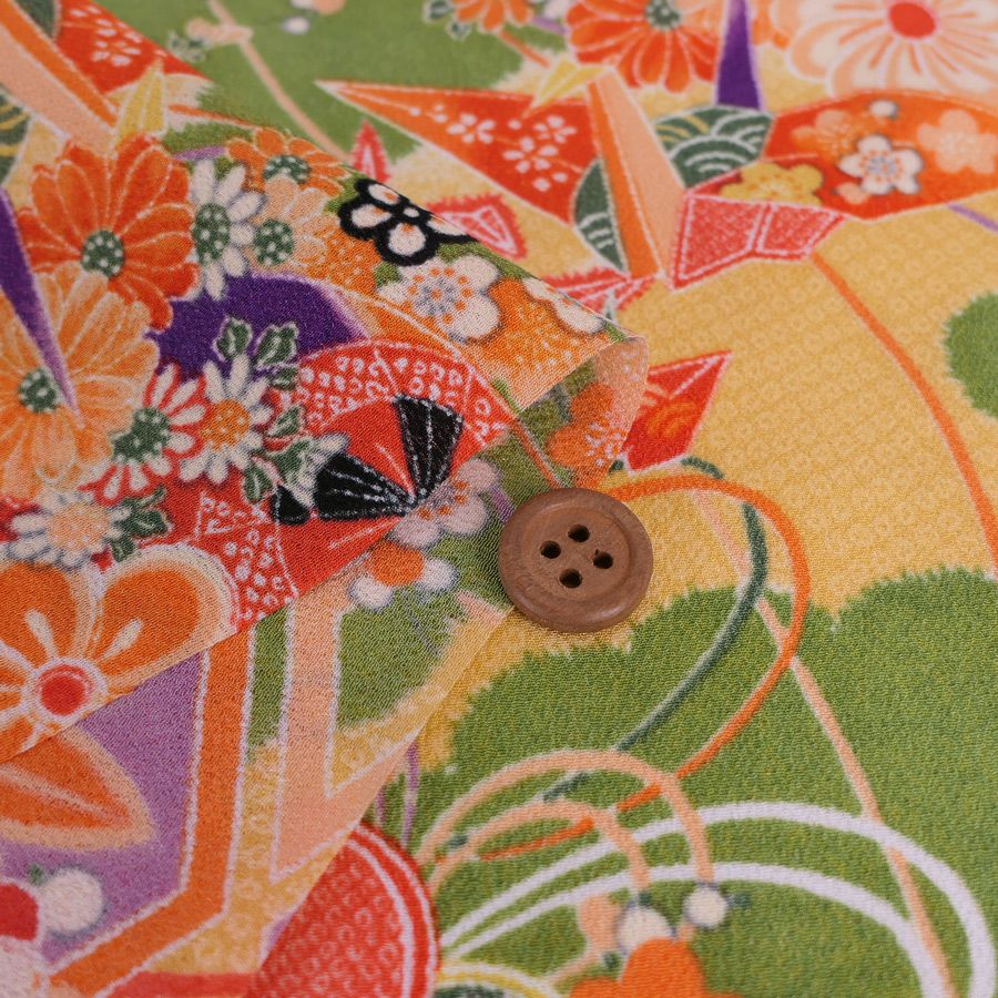 一越ちりめん生地 折鶴古典文様(きみどり/たまご色) 10cm単位 切り売り