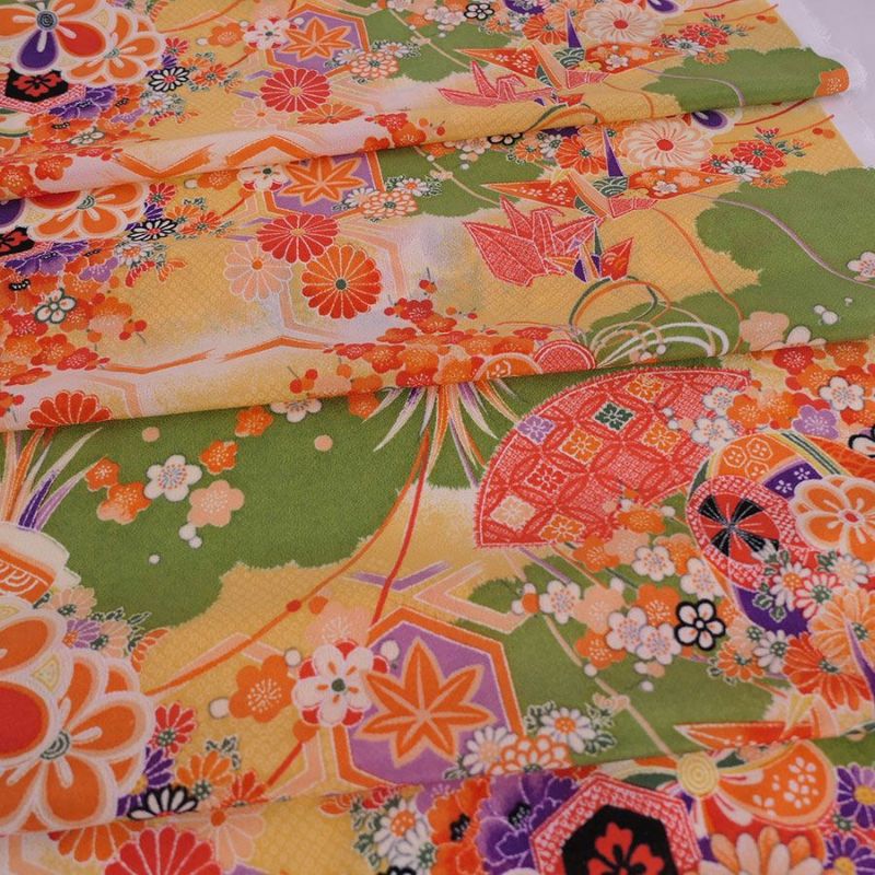一越ちりめん生地 折鶴古典文様(きみどり/たまご色) 10cm単位 切り売り