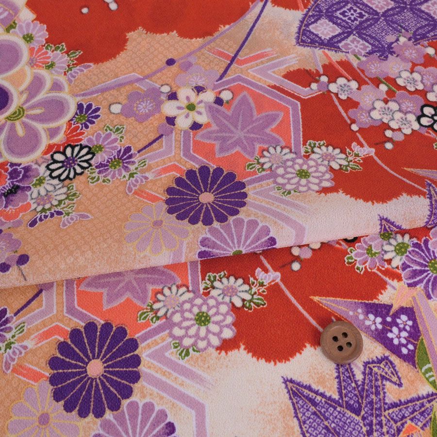 一越ちりめん生地 折鶴古典文様(紅緋/紫) 10cm単位 切り売り