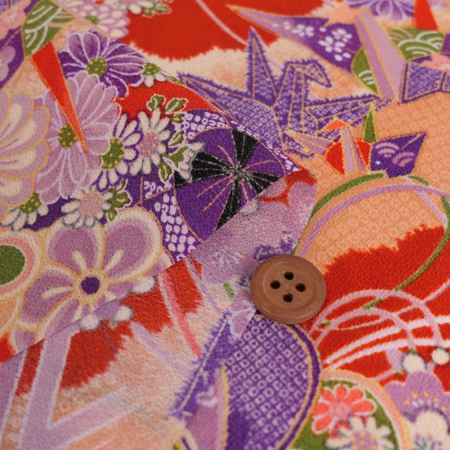 一越ちりめん生地 折鶴古典文様(紅緋/紫) 10cm単位 切り売り