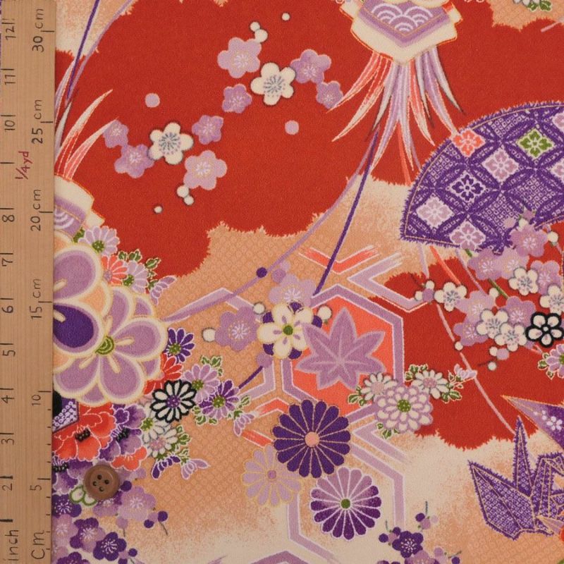 一越ちりめん生地 折鶴古典文様(紅緋/紫) 10cm単位 切り売り