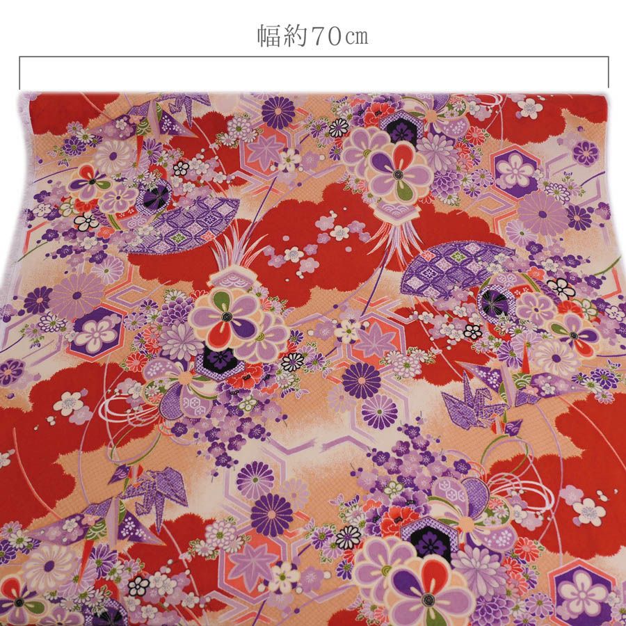 一越ちりめん生地 折鶴古典文様(紅緋/紫) 10cm単位 切り売り