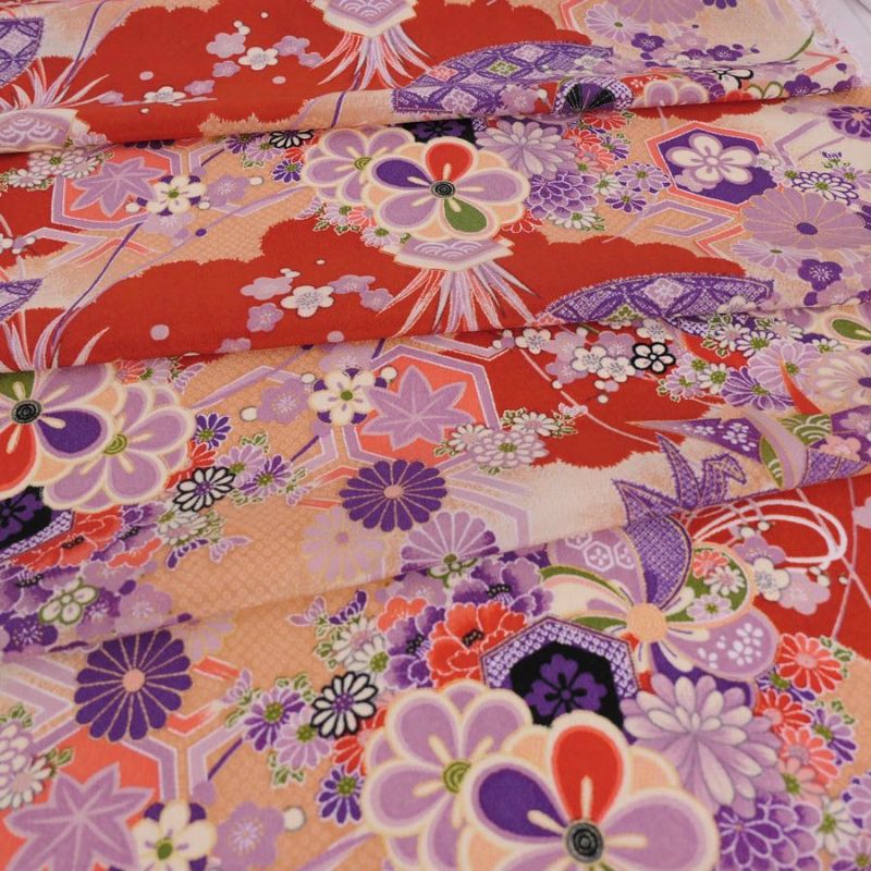 一越ちりめん生地 折鶴古典文様(紅緋/紫) 10cm単位 切り売り