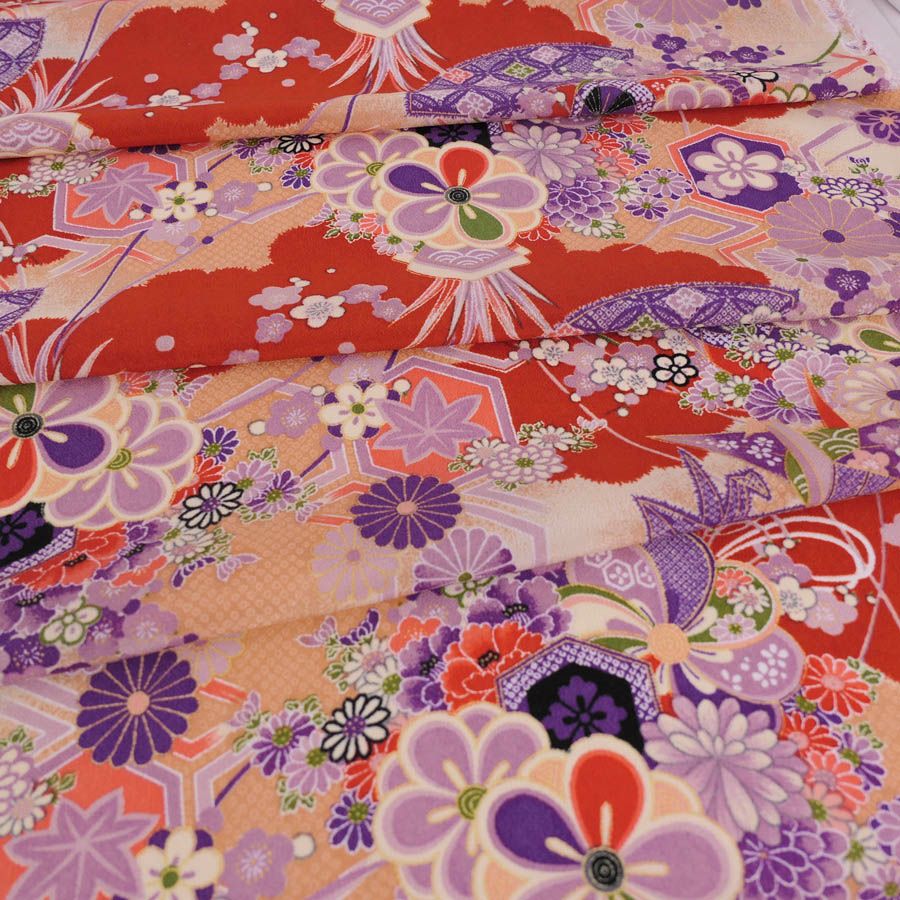 一越ちりめん生地 折鶴古典文様(紅緋/紫) 10cm単位 切り売り