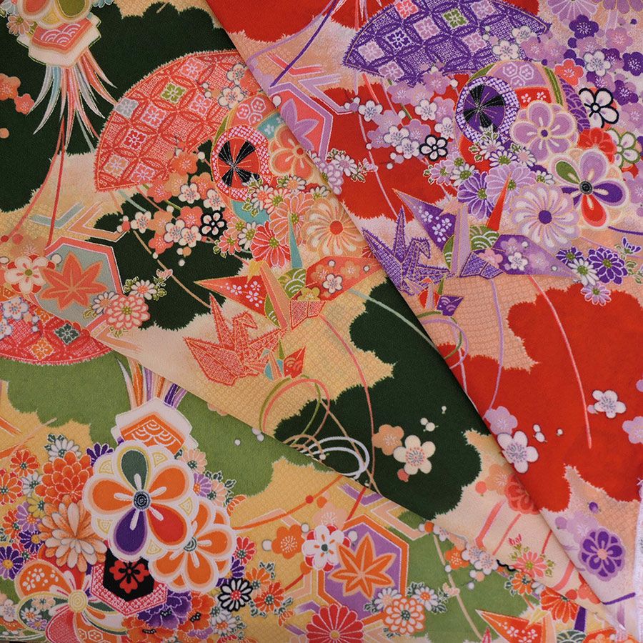 一越ちりめん生地 折鶴古典文様(紅緋/紫) 10cm単位 切り売り