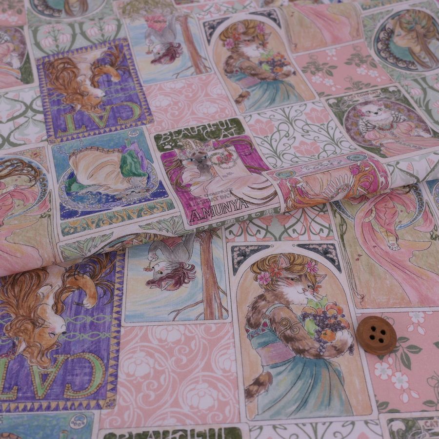 コットン生地 ミュシャ風ねこ柄(ピンク系) 10cm単位 切り売り