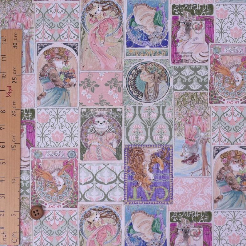 コットン生地 ミュシャ風ねこ柄(ピンク系) 10cm単位 切り売り