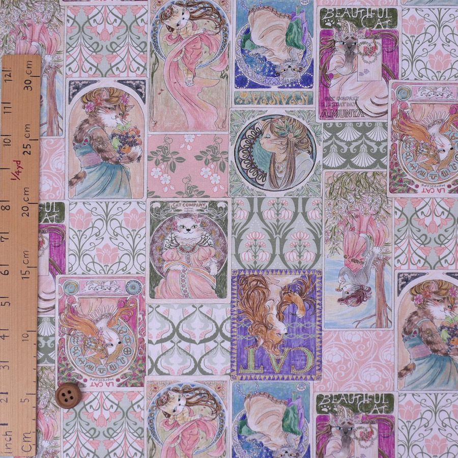 コットン生地 ミュシャ風ねこ柄(ピンク系) 10cm単位 切り売り