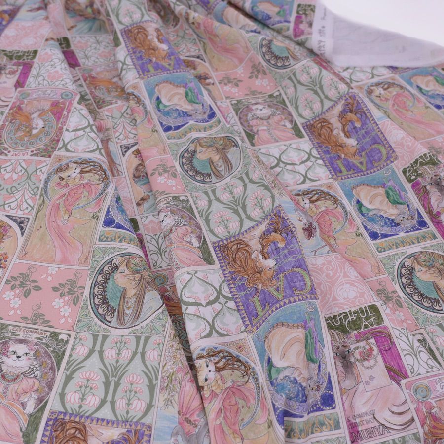 コットン生地 ミュシャ風ねこ柄(ピンク系) 10cm単位 切り売り