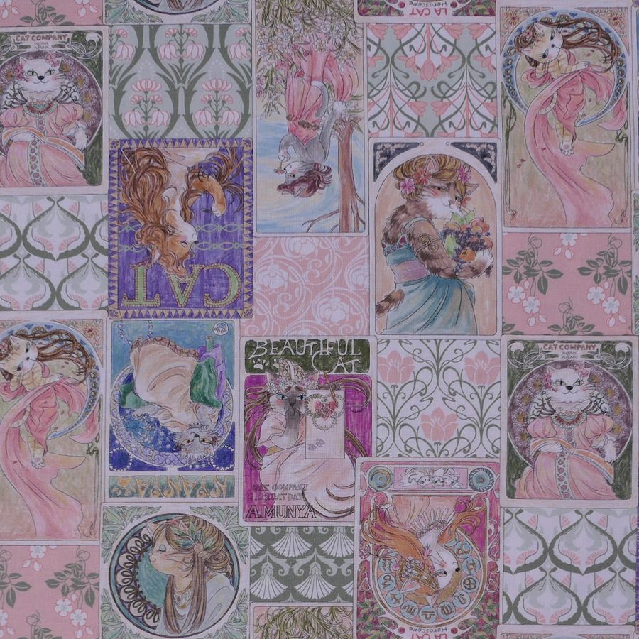 コットン生地 ミュシャ風ねこ柄(ピンク系) 10cm単位 切り売り